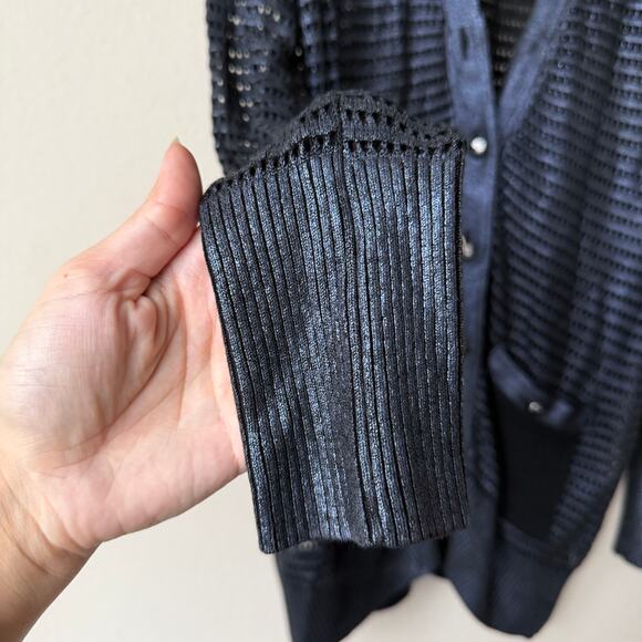 Cache Vintage Y2K Metallic Navy Open Knit Button Front Cardigan Size XL - Picture 5 of 7